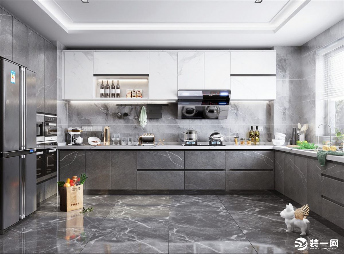厨房空间整体选用灰色为主色调，高级感十足，也比较耐脏。 