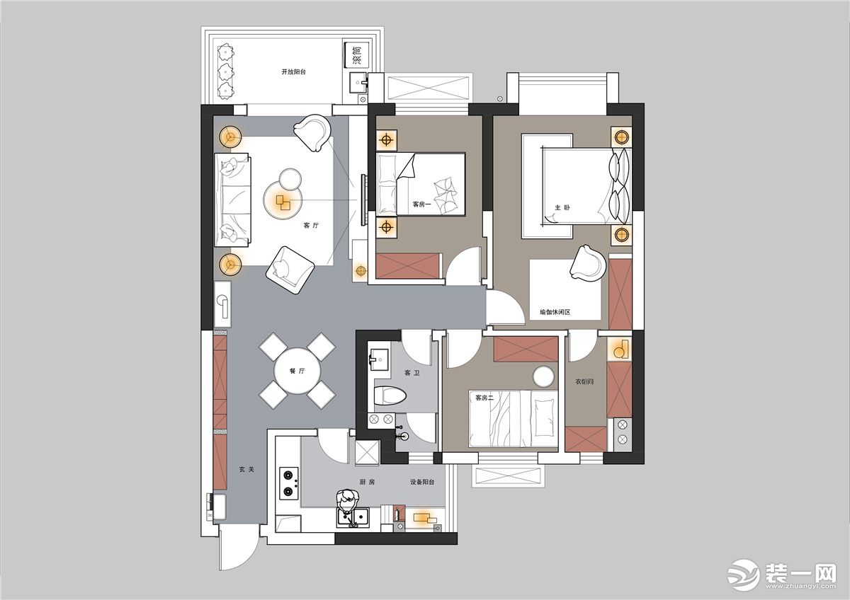 三房两厅一厨两卫。按照业主需求进行功能区划分。