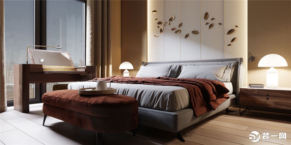 卧室，玫瑰红搭配高级灰，床头的造型提升了整个空间的质感，让人眼前一亮。