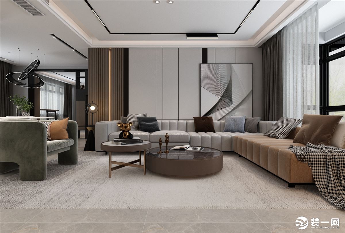 客厅3：整体来看客厅造型，现代感扑面而来，直线造型充斥整个客厅，圆形茶几与几何图画来点缀。
