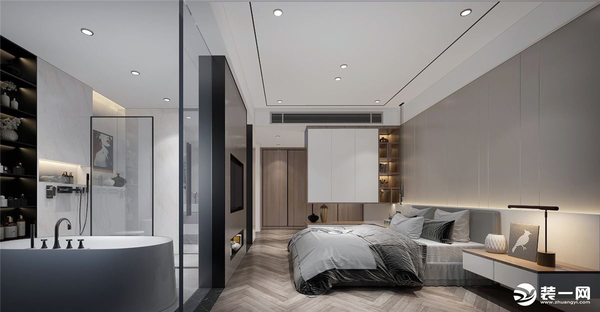 主卧室：床头墙是木质条纹的造型，结合现代舒适的黑白配床单，布置一个蓝色枕头，安静优雅好舒适。