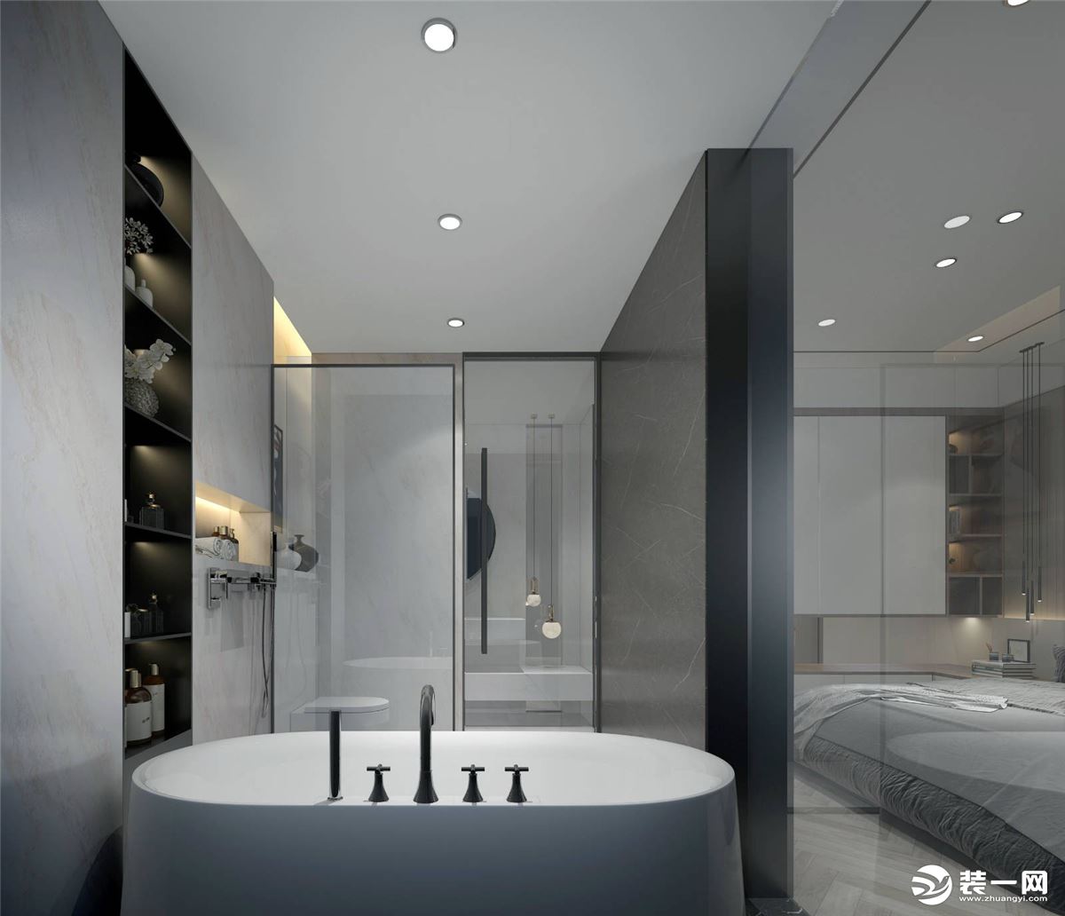 主卫生间：卫生间黑白配的洗手盆柜，灰色大理石质感的墙面砖，结合暗藏灯带的镜柜灯，显得优雅现代而温馨。
