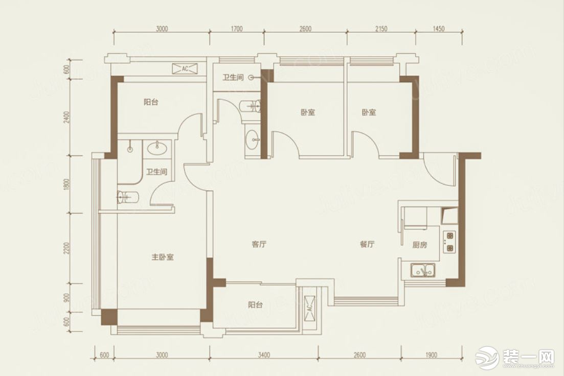 户型：三房两厅一厨两卫。设计主题：江山如画。