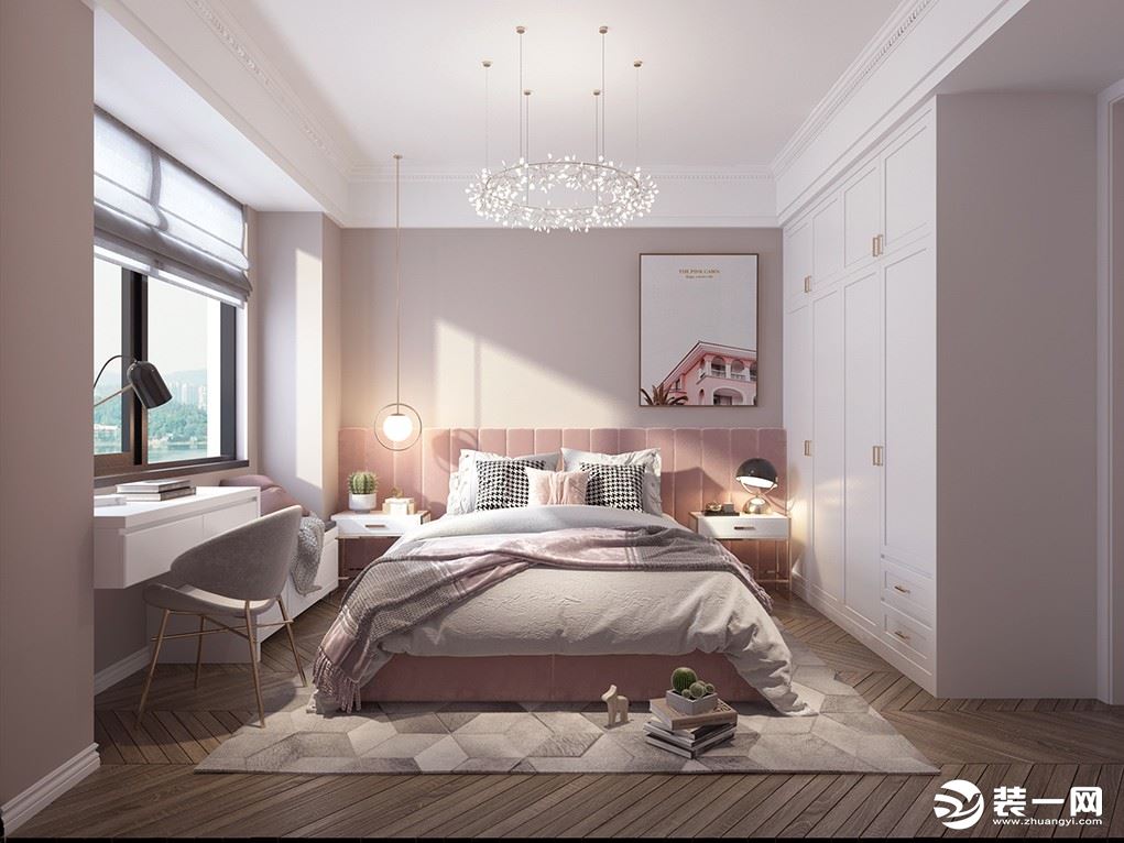 卧室：用白色的衣柜和靠窗桌台又与创地面形成鲜明的对比和映衬。让人又格外的浪漫温暖的惬意。