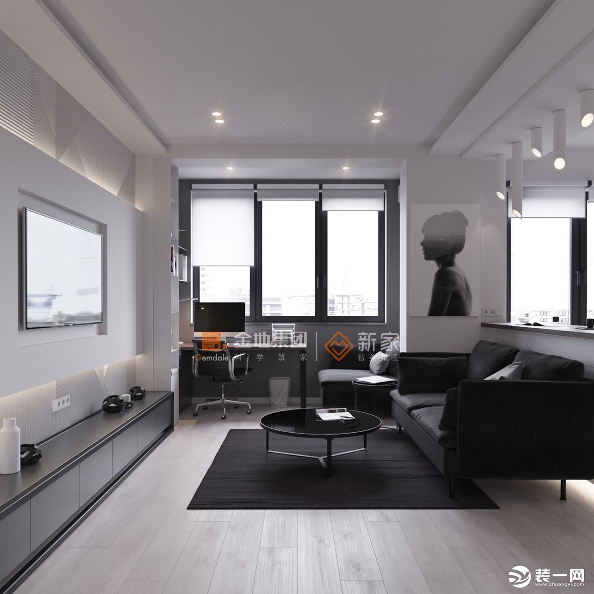 客厅2：以白色为基调，搭配黑色家饰，极简风格的灯饰，细节处更突出极简空间的精致感。