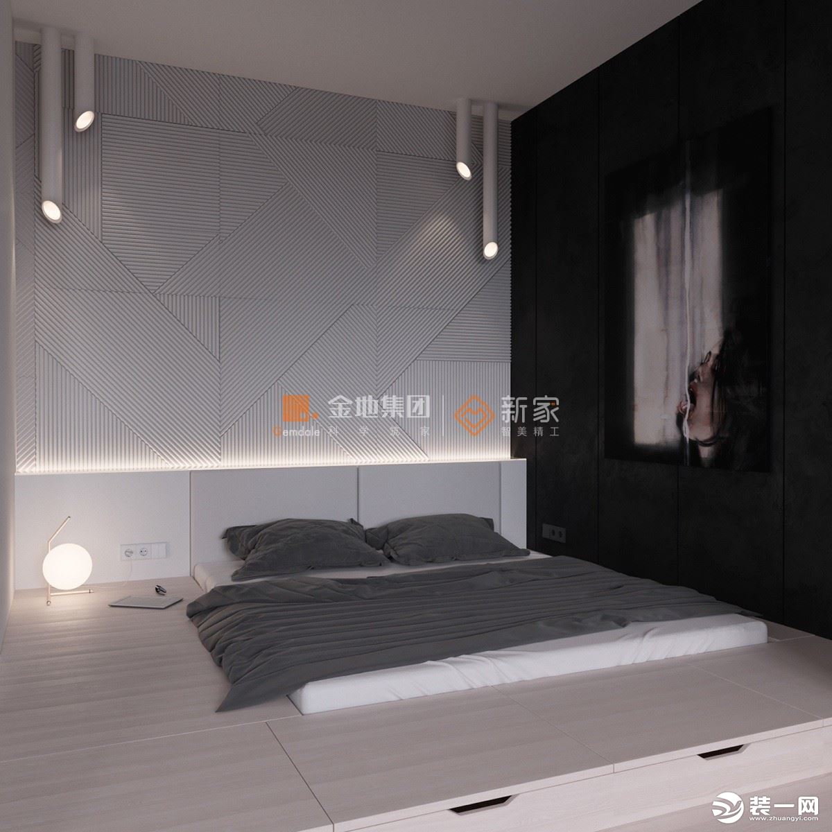 卧室：卧室延续空间的极简风格，隐藏式床头灯带瞬间点亮空间，几何图案墙与柱形灯打破空间沉闷，恬静舒适