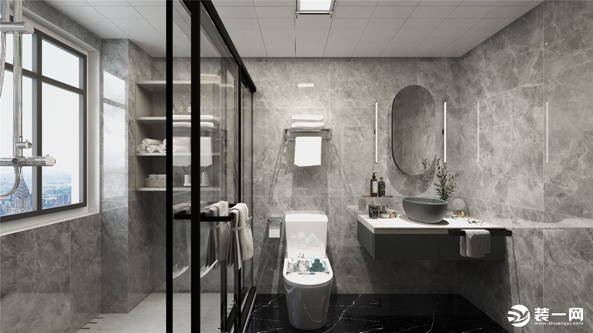 卫生间与厨房色系相同，风格相匹配，同样都延续了客厅的现代感，灰色的瓷砖让整个空间都沉静下来