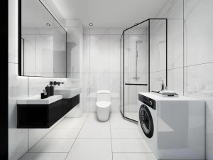 卫生间做了干湿分离，悬挂式的洗脸池搭配黑色的柜子，提升了空间感，在使用过程中也更方便打理。