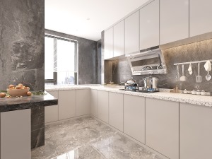 厨房设计动线合理，白色的柜门和大理石的墙面配合，提升厨房品质。