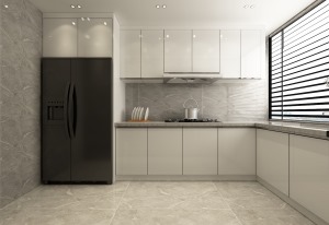 厨房空间简约的设计展现出精致的生活，百叶窗的设计又给这种精致带上一点生活的温度。