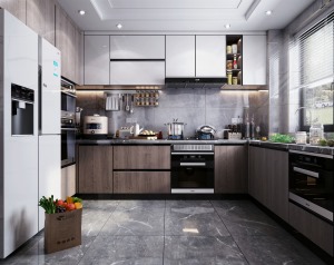 厨房内空间相对开敞，一体的柜子和家电的设计，现代感十足。