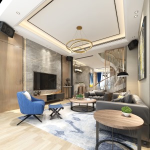 客厅装修风格以简约为主，家具装饰都比较简约，选用大理石的电视墙和有质感的灰色沙发，提升空间的高级感。