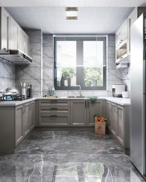 厨房：高级灰的墙地砖搭配银色冰箱，简直把冰箱融入到了与橱柜为一体，看上去简洁大方又不失高贵。