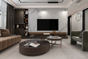 客厅1：黑白组合的电视机与背景墙，色调一致的柜体茶几，变成了时尚沙发的过度。