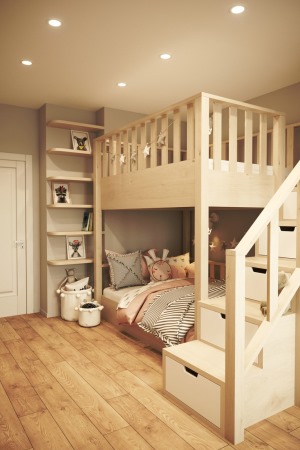 儿童房2：上下床的设计让活泼好动的女儿又多了一处嬉戏空间。