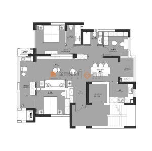 户型：原本三房格局，将一个房间作为衣帽间，现户型为两房两厅一厨两卫，一衣帽间。