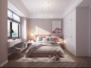 卧室：用白色的衣柜和靠窗桌台又与创地面形成鲜明的对比和映衬。让人又格外的浪漫温暖的惬意。