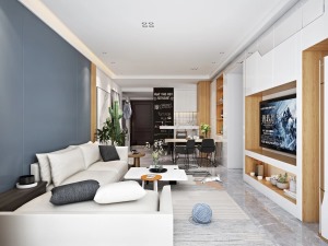 客厅：客厅以木色和白色为主调，营造简约而沉稳的空间氛围。
