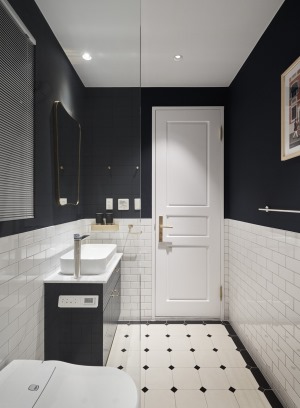 卫生间：黑白的小方砖充满了北欧色彩，特意选的黑色淋浴花洒很好的形成对比，黑白空间里透出凉爽清透感。