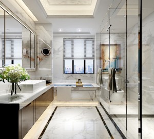 卫生间：大片的玻璃、镜子，让整个空间放大了一倍，同时也增加了卫生间的通透感，看起来宽敞明亮。