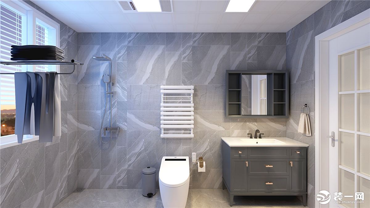 卫生间的延续现代风格，以灰色为主。浴室柜的灰色+金色拉手。