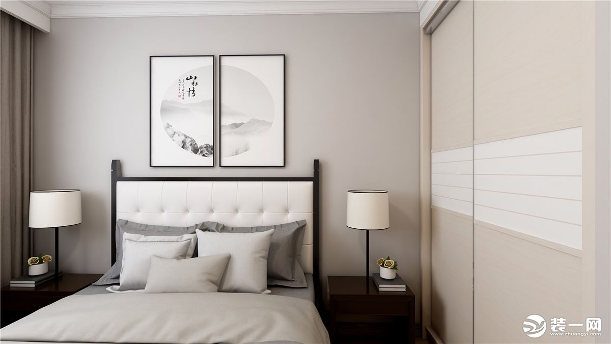 床头两幅挂画拼接成一幅山水情水墨画，整个空间配色上更为轻松自然。  同色系床架搭配灰白色床饰，整个空