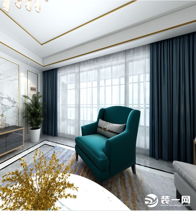 精致的客厅一角，靠近阳台放置一把布艺单人沙发，挂上软糯的盖毯，特别享受生活。墨绿色沙发和窗帘在色调上