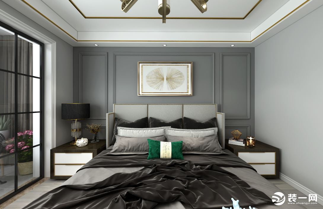 二楼主卧依旧是时尚感爆棚的灰色系，灰色软包床头背景墙则给人一种舒适安逸的氛围。灰色床头、床饰，棕色床