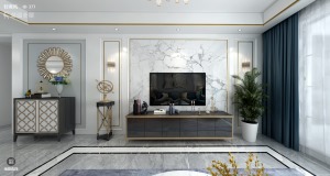 客厅主色调采用非常质感的灰白色，融入金属色作为点缀，使得客厅有质感的同时又融入时尚年轻的活力。 大理