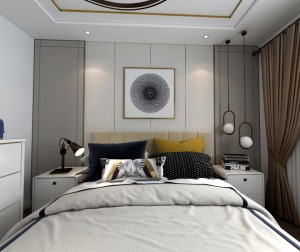 床头背景墙采用现代感非常强的线条硬包设计，颜色上选择白色和灰色，两侧对称的床头柜、小吊灯也是很时尚。
