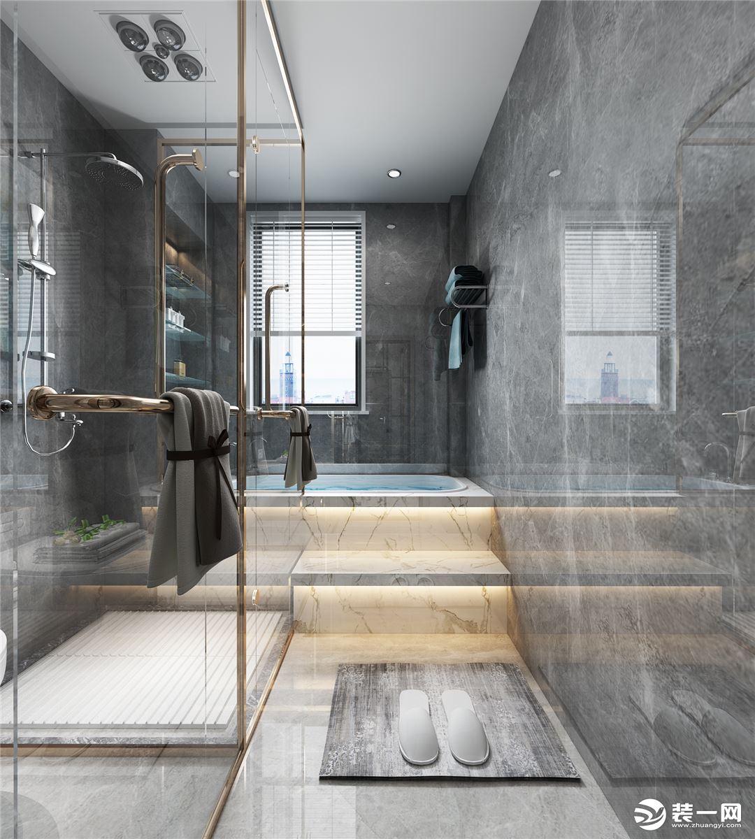 浴室墙壁覆盖着适合淋浴的混凝土层，并配有黑色花洒淋浴，豪华水龙头和一个矩形可丽耐水槽。