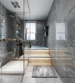 浴室墙壁覆盖着适合淋浴的混凝土层，并配有黑色花洒淋浴，豪华水龙头和一个矩形可丽耐水槽。