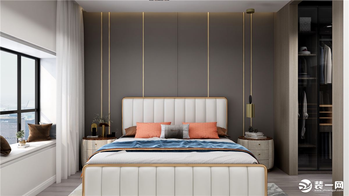 卧室带个小飘窗，床头背景墙选择和床头靠背颜色相反的整体硬包板。加上吊顶灯的暖色调，非常温馨慵懒。卧室