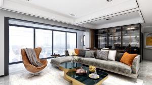 客厅灰色沙发围绕墨绿色大理石面高低茶几组合，地面选择的是稍浅一些的大理石地砖。搭配沙发背后办公区域黑