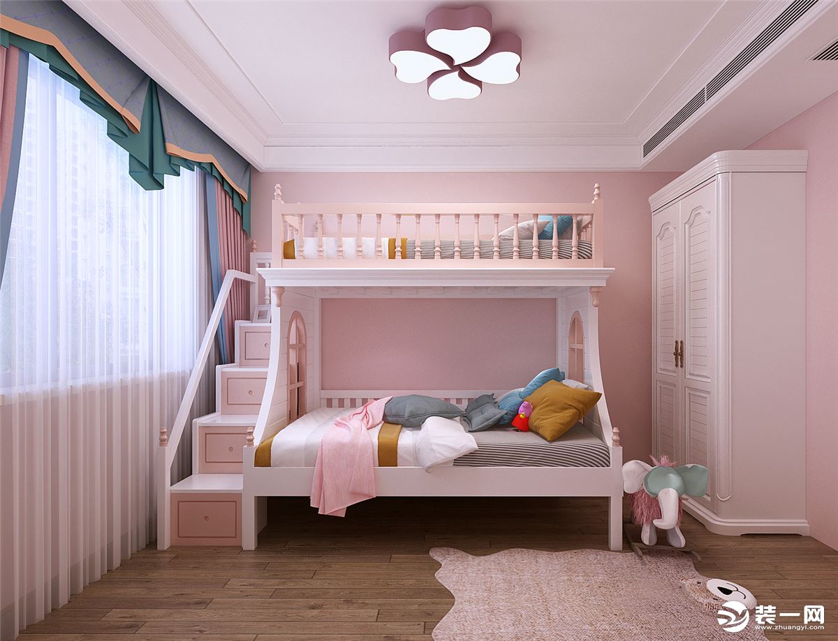女孩的卧室仅仅用了粉色墙面与木地板搭配十分温馨 更重要的是留出了孩子活动的空间 不要拥堵 宽敞的卧室