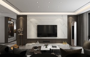 客厅电视背景采用大理石上墙和墙板结合方式来呈现