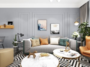 沙发背景用石膏线增加层次，灰色调体现时尚。