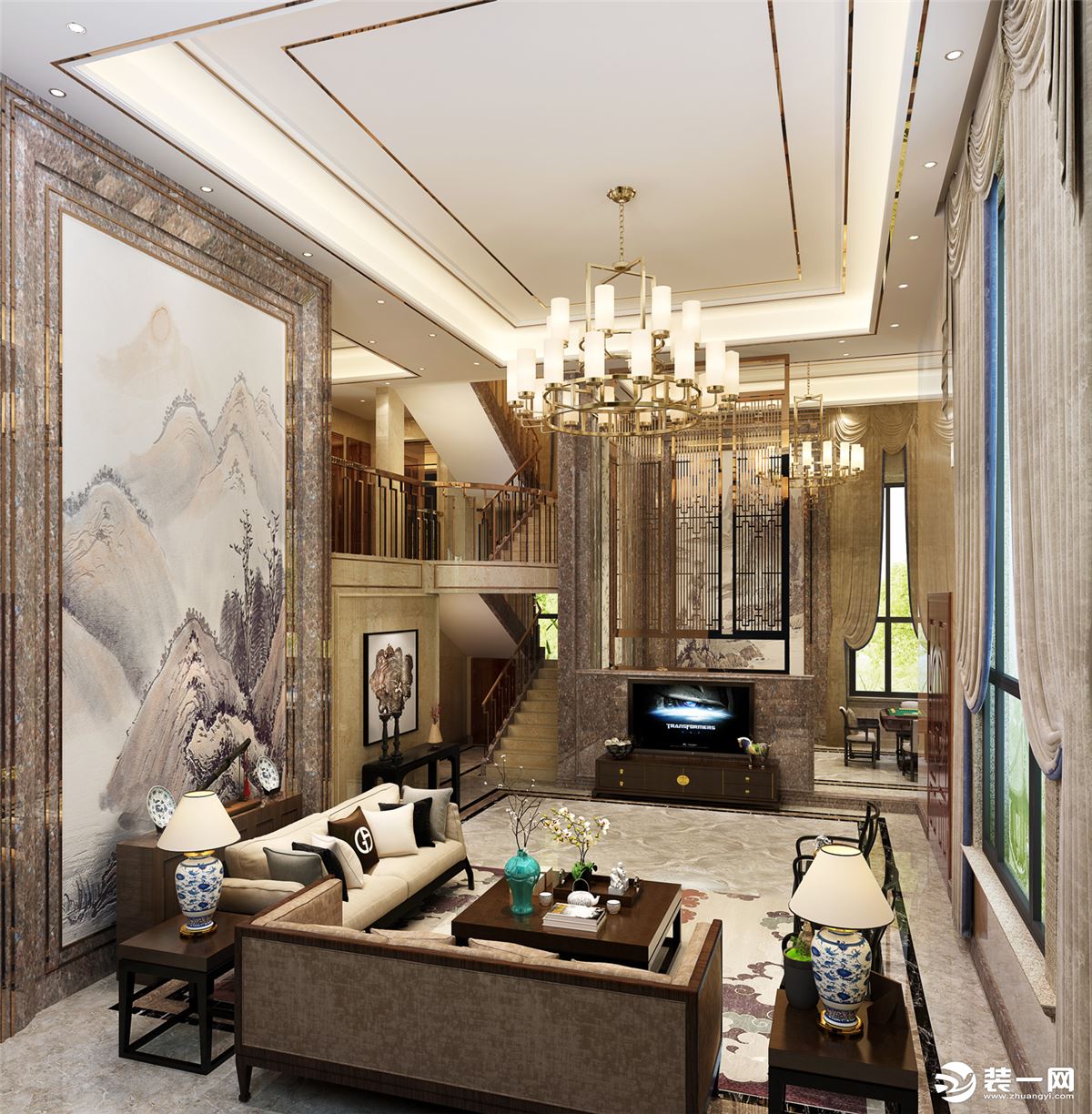 客厅 以新中式的质感和雅致，给繁乱混杂的日常赋予宁静轻松的语汇。