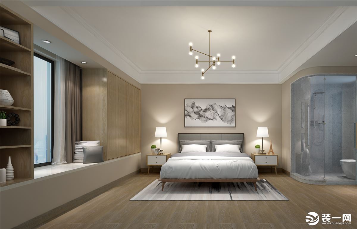 卧室 主卧光线偏弱，将卫生间通透处理，最大化利用自然光。