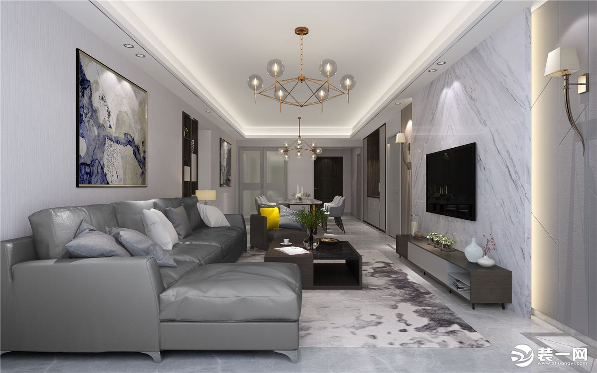 客厅 灰色的布艺沙发配上背景墙的装饰画令居室更有质感。