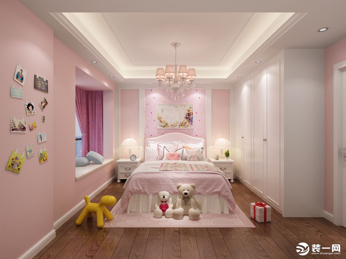 女儿房 明亮的粉色，营造出一个似梦似幻的童真世界，简约大气的墙纸图案与装饰画。