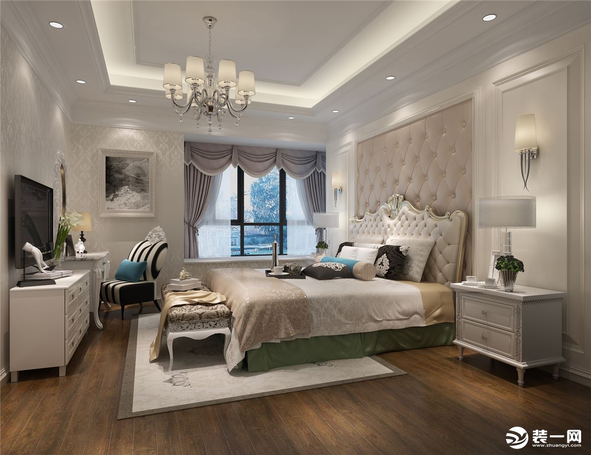 主卧 床头白色护墙板和皮质咖啡色的软包材质上的对比显得更有质感。