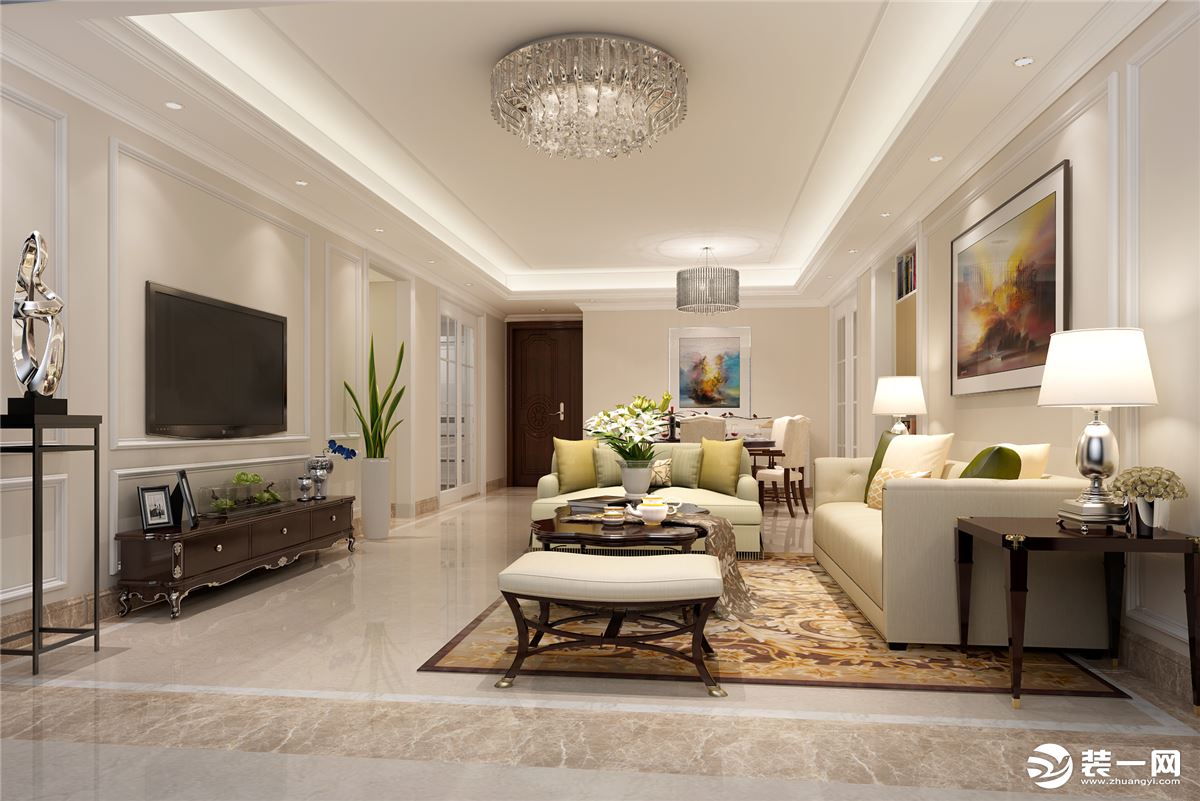 客厅 典型的美式风格的沙发配以精致的吊灯，使整体空间更加舒适大气。