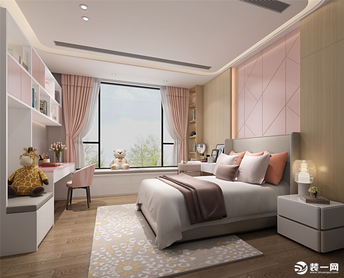 大女孩房 床头背景墙粉色点缀空间，淡粉色窗帘和浅灰色床铺结合的搭配.