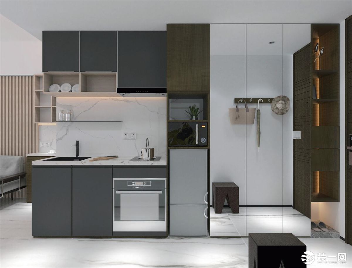 入口-厨房效果图  在装饰与布置中最大限度的体现空间与家具的整体协调。
