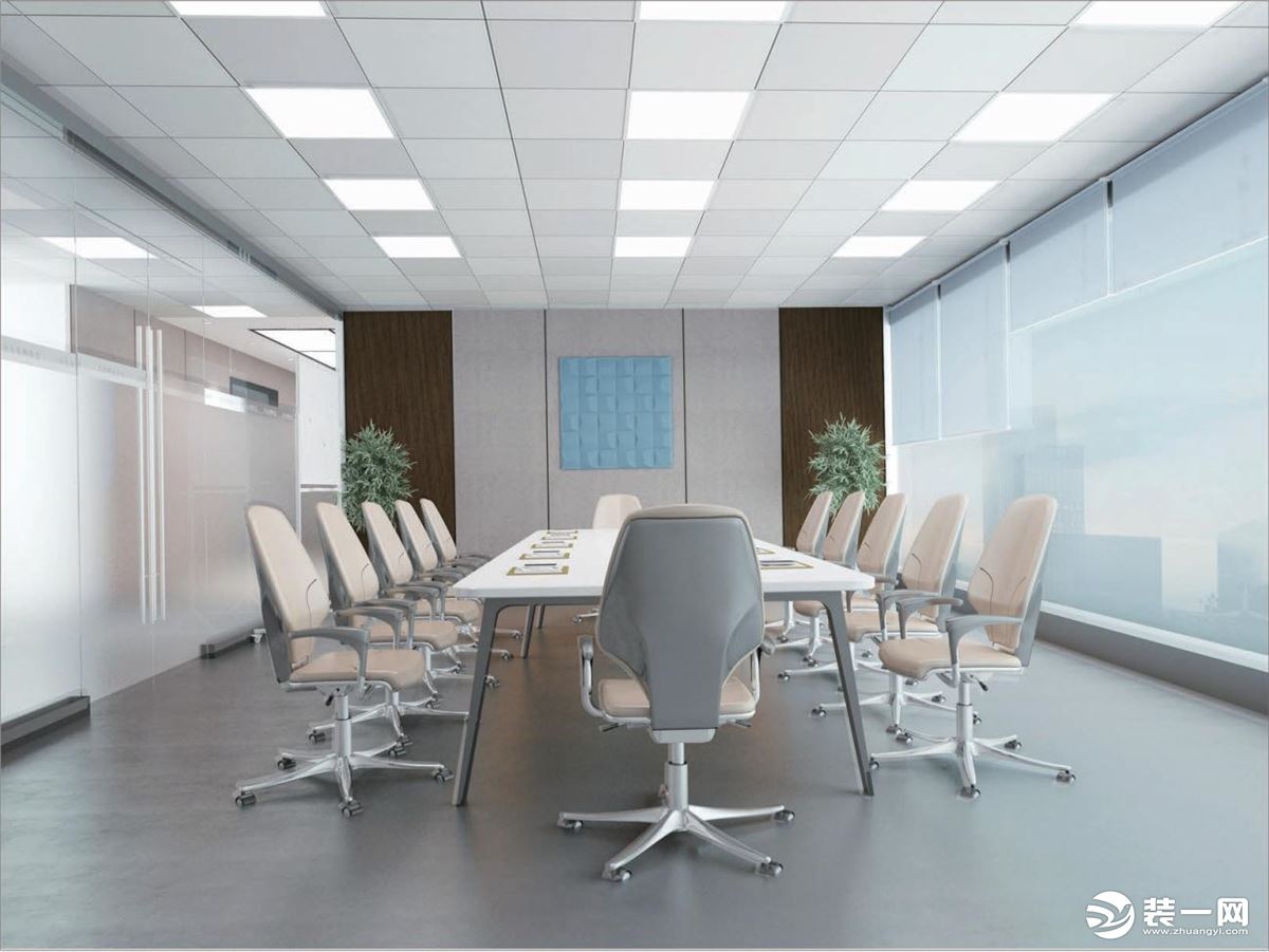 会议室效果图 间呈现出极简与清新的感受，与办公实用主义理念相契合。