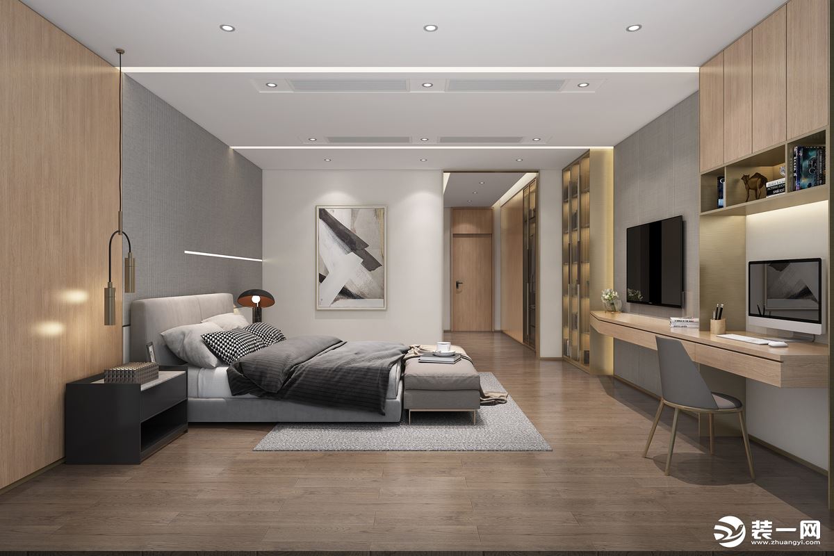 睡房1 以利落的现代质感呈现，简约的设计造型，原木色调，于细节之处彰显精致美。