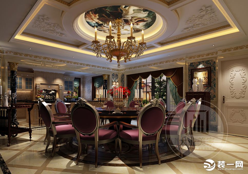 现代几何的圆形金色吊顶，再搭配高贵的餐具配饰，让空间闪耀着奢华摩登的醉人魔力。
