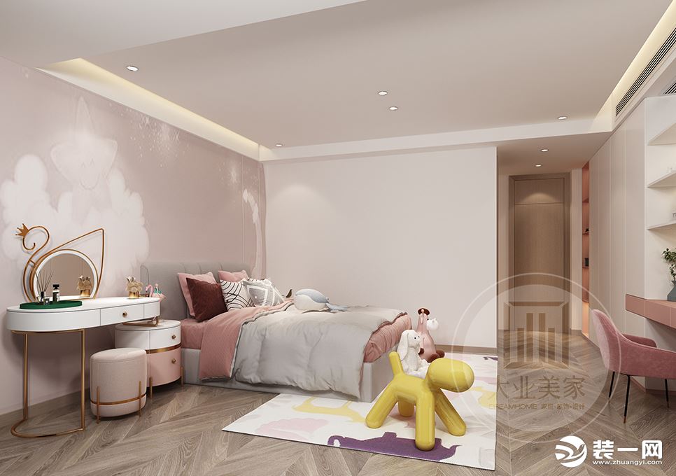 卧室的设计以粉色为主调，既精致也舒适优雅