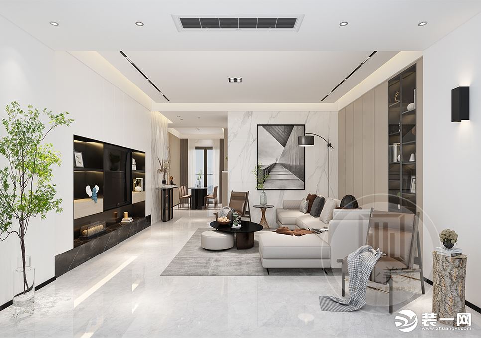 客厅整体空间气质高雅、平和舒缓，简练的线条营造雅致格调，搭配精致的细节，使其不俗，表达主人独特的气质